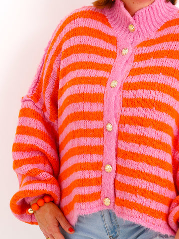 SARA Oversize Strickjacke - orange/pink gestreift