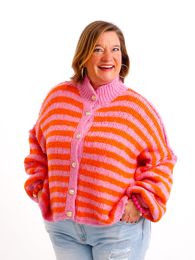 SARA Oversize Strickjacke - orange/pink gestreift