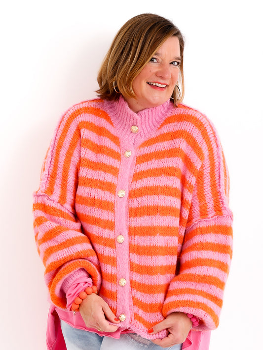 SARA Oversize Strickjacke - orange/pink gestreift