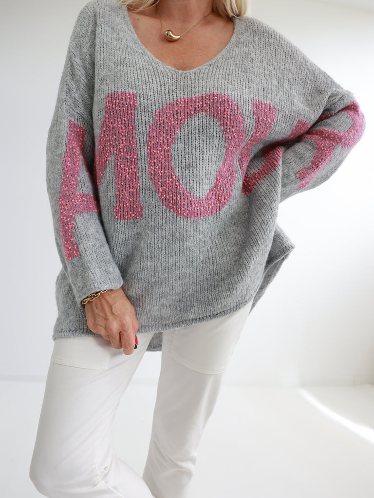 MARIE Oversize Pullover - grau/pink