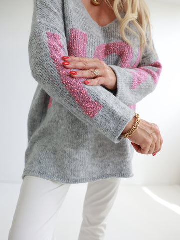 MARIE Oversize Pullover - grau/pink