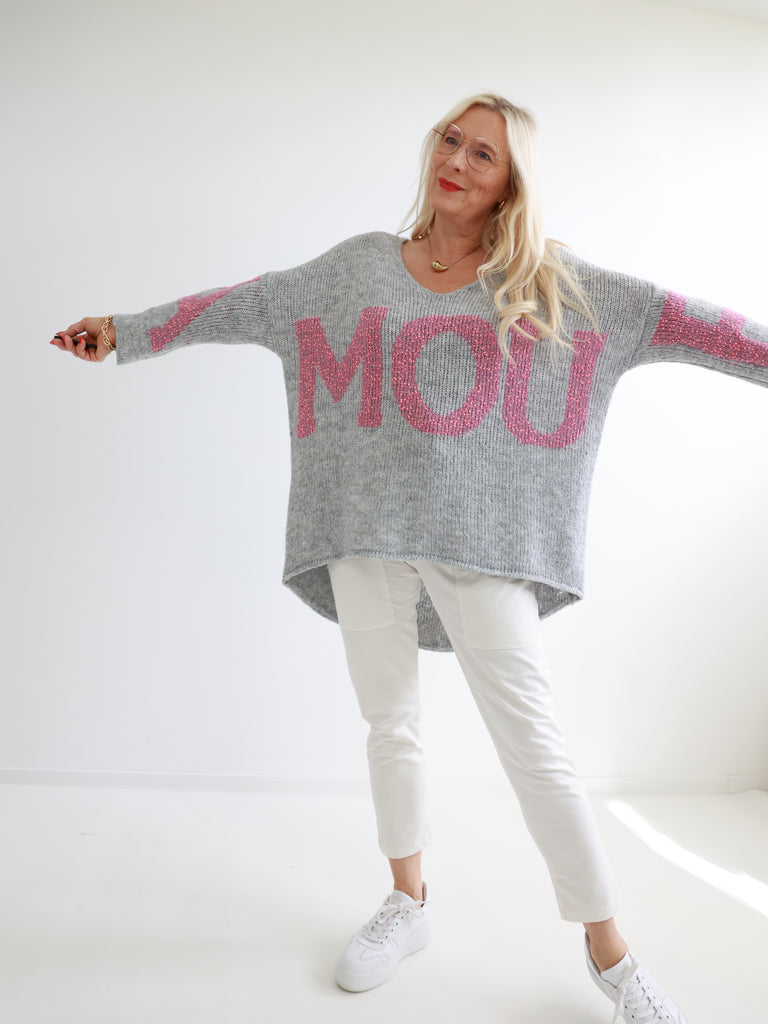 MARIE Oversize Pullover - grau/pink