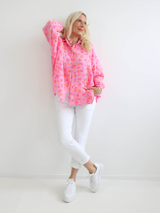 FARINA Oversize Musselin Bluse - neon pink/orange