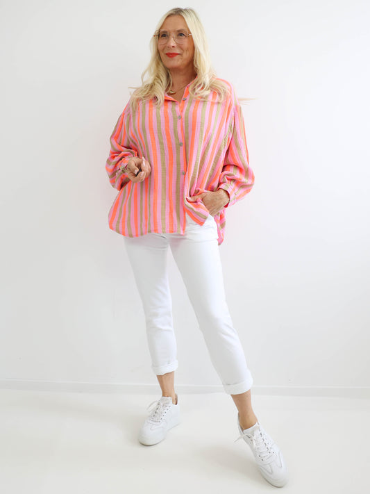 JANA Oversize Musselin Bluse - rosa/orange/khaki
