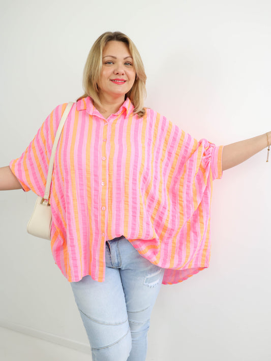 ELIF XXXL Musselin Bluse - flieder / orange / pink - gestreift
