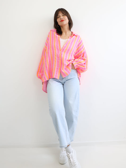 JUNA Oversize Musselin Bluse - orange / pink gestreift