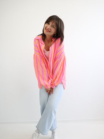 JUNA Oversize Musselin Bluse - orange / pink gestreift