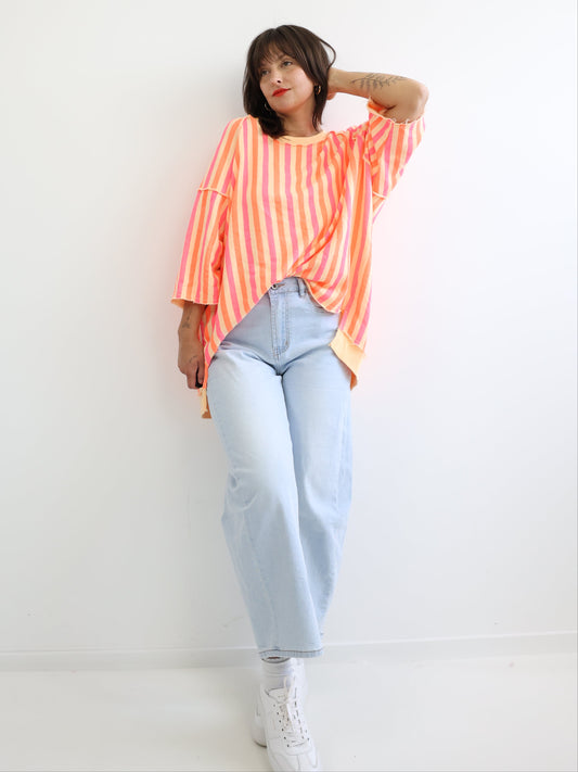 LENI XXL Oversize Kurzarm Sweater - gelb / pink / orange gestreift