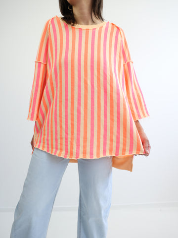 LENI XXL Oversize Kurzarm Sweater - gelb / pink / orange gestreift