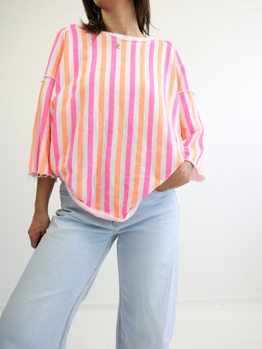 LENI XXL Oversize Kurzarm Sweater - weiß / pink / orange gestreift