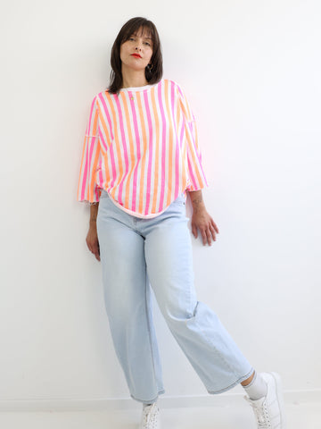 LENI XXL Oversize Kurzarm Sweater - weiß / pink / orange gestreift