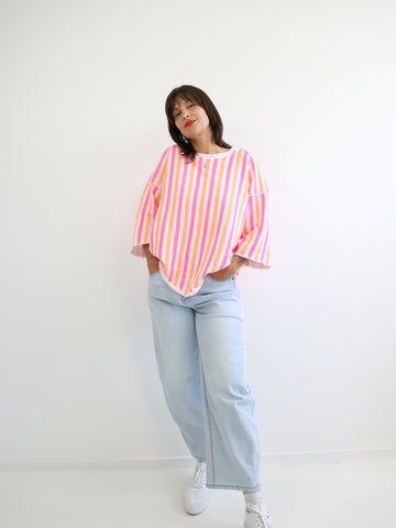 LENI XXL Oversize Kurzarm Sweater - weiß / pink / orange gestreift