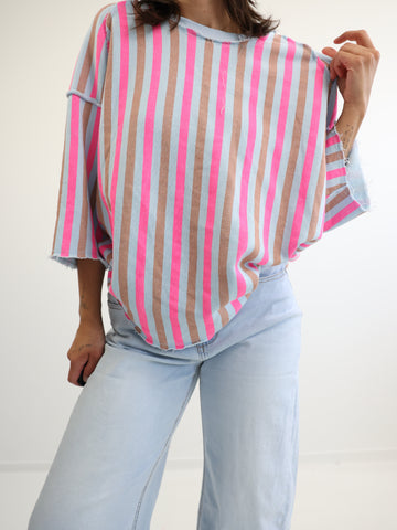 LENI XXL Oversize Kurzarm Sweater - blau / pink / beige gestreift
