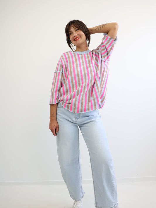 LENI XXL Oversize Kurzarm Sweater - blau / pink / beige gestreift