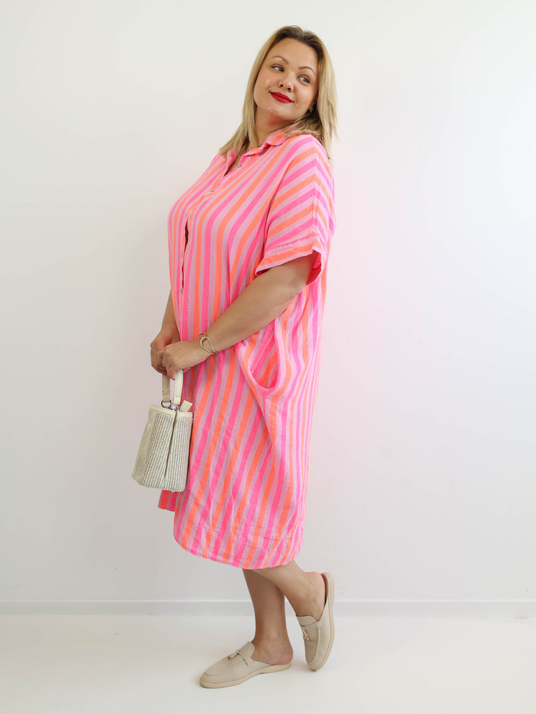 SUNNY  Musselin Blusenkleid - orange/rosa/pink gestreift