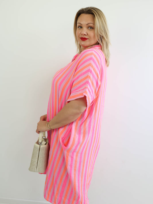 SUNNY  Musselin Blusenkleid - orange/rosa/pink gestreift