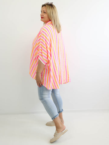 AVA XXXL Musselin Bluse - weiß / orange / pink - gestreift