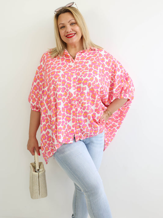 NELE XXXL Musselin Bluse - weiß / orange / fuchsia - leo