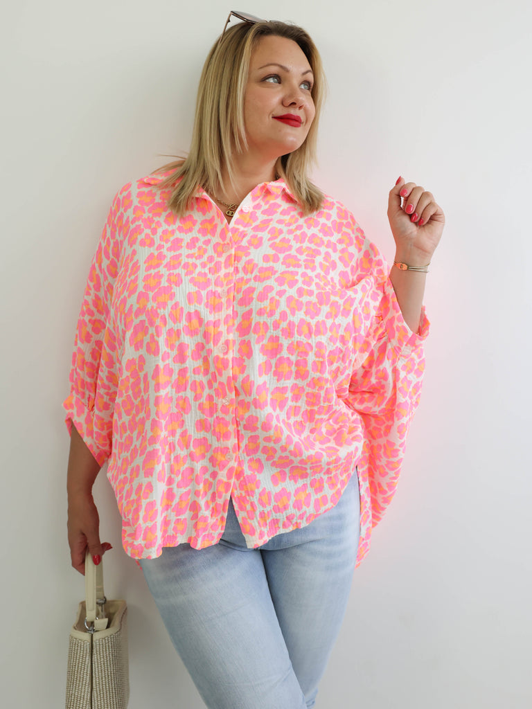 ELSA XXXL Musselin Bluse - pink / orange / weiß - leo