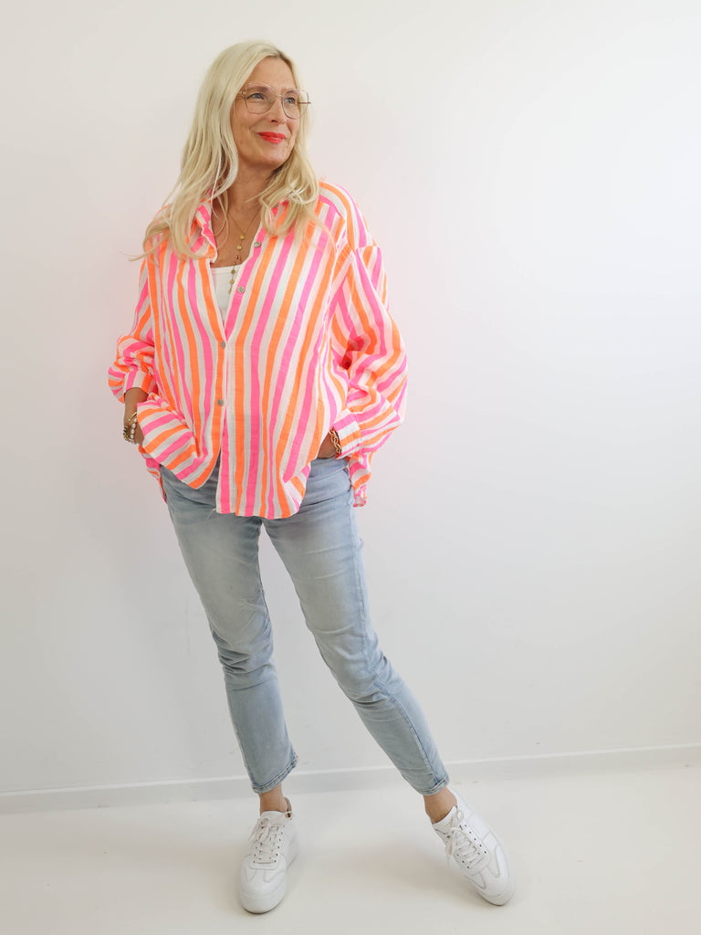 ELINA Oversize Musselin Bluse - orange / pink / offwhite - gestreift