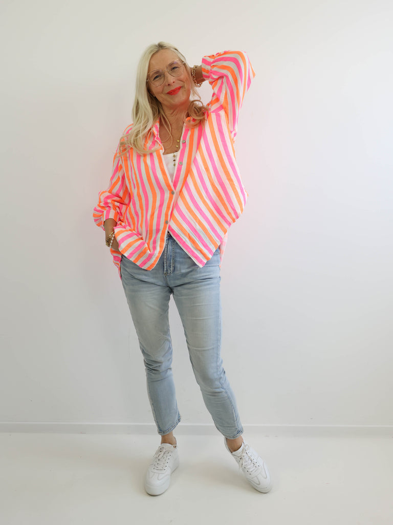 ELINA Oversize Musselin Bluse - orange / pink / offwhite - gestreift