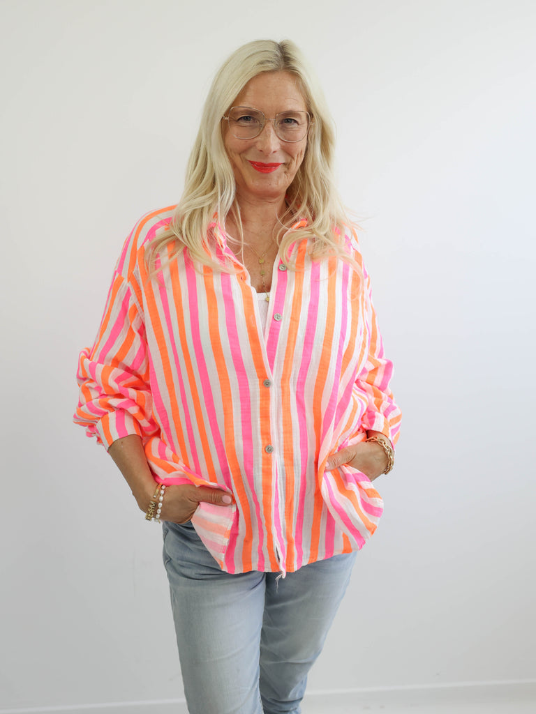 ELINA Oversize Musselin Bluse - orange / pink / offwhite - gestreift