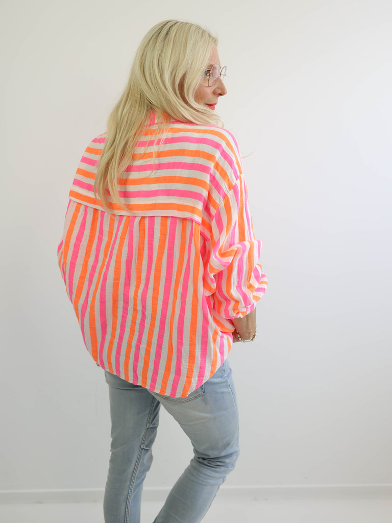 ELINA Oversize Musselin Bluse - orange / pink / offwhite - gestreift