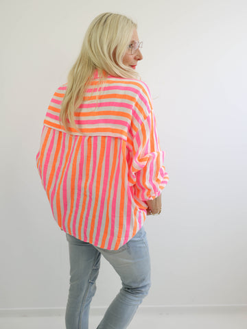 ELINA Oversize Musselin Bluse - orange / pink / offwhite - gestreift