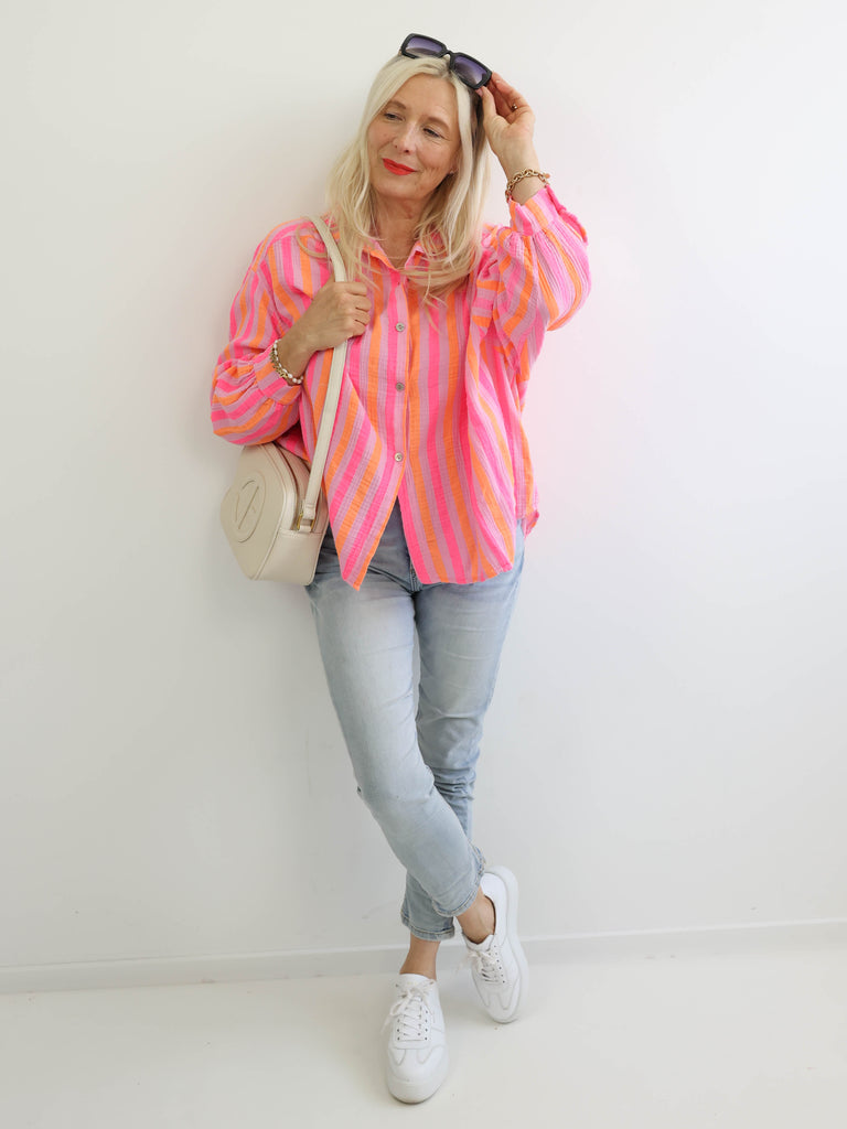 ELINA Oversize Musselin Bluse - orange / pink / flieder - gestreift
