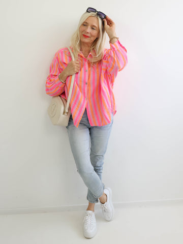 ELINA Oversize Musselin Bluse - orange / pink / flieder - gestreift