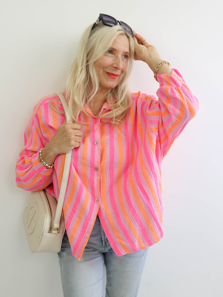 ELINA Oversize Musselin Bluse - orange / pink / flieder - gestreift