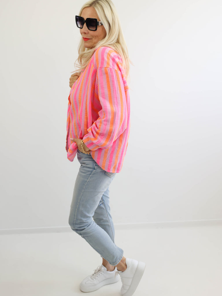 ELINA Oversize Musselin Bluse - orange / pink / flieder - gestreift