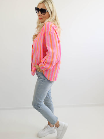 ELINA Oversize Musselin Bluse - orange / pink / flieder - gestreift