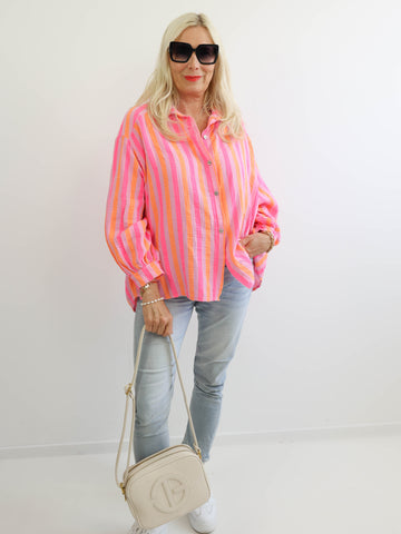 ELINA Oversize Musselin Bluse - orange / pink / flieder - gestreift
