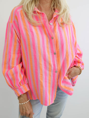 ELINA Oversize Musselin Bluse - orange / pink / flieder - gestreift