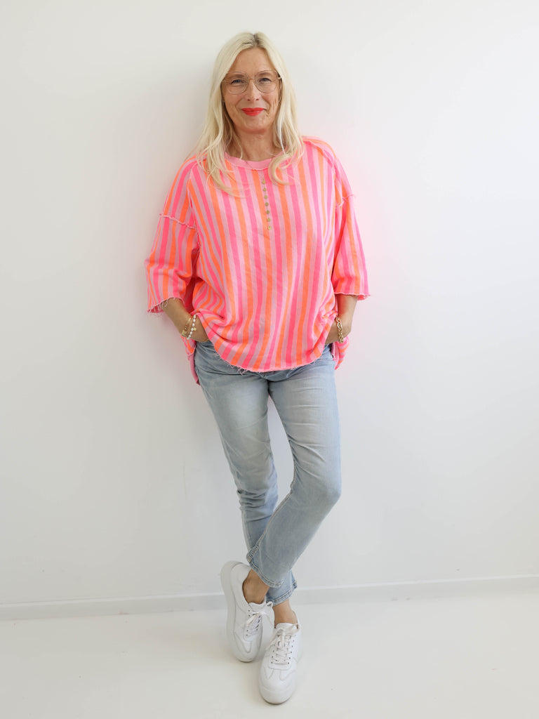 LENI XXL Oversize Kurzarm Sweater - rosa / pink / orange gestreift