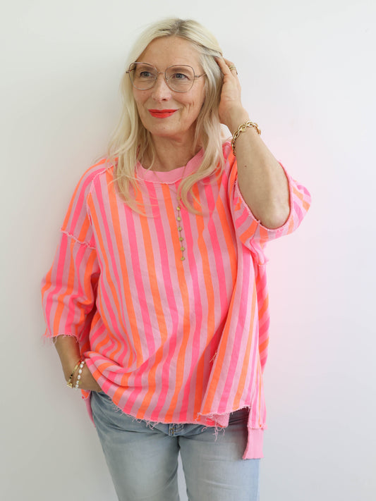 LENI XXL Oversize Kurzarm Sweater - rosa / pink / orange gestreift