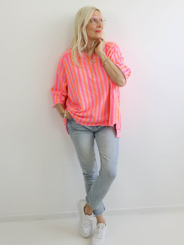 LENI XXL Oversize Kurzarm Sweater - rosa / pink / orange gestreift