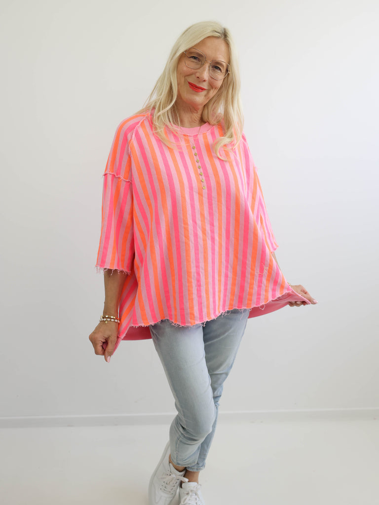 LENI XXL Oversize Kurzarm Sweater - rosa / pink / orange gestreift
