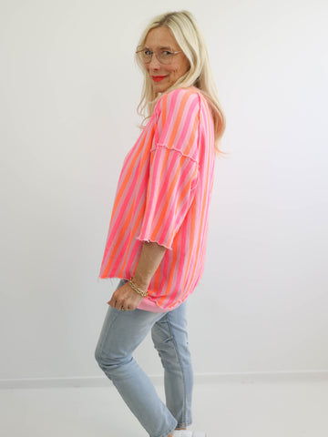 LENI XXL Oversize Kurzarm Sweater - rosa / pink / orange gestreift