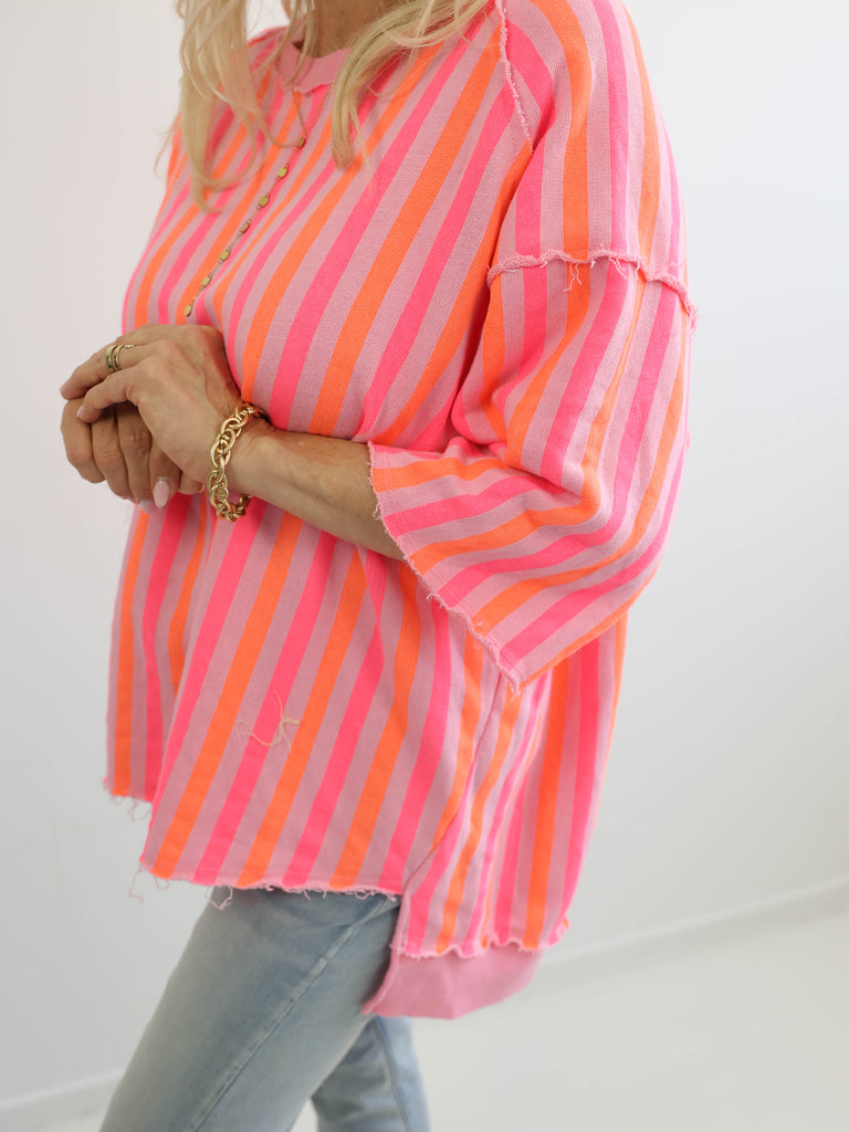 LENI XXL Oversize Kurzarm Sweater - rosa / pink / orange gestreift