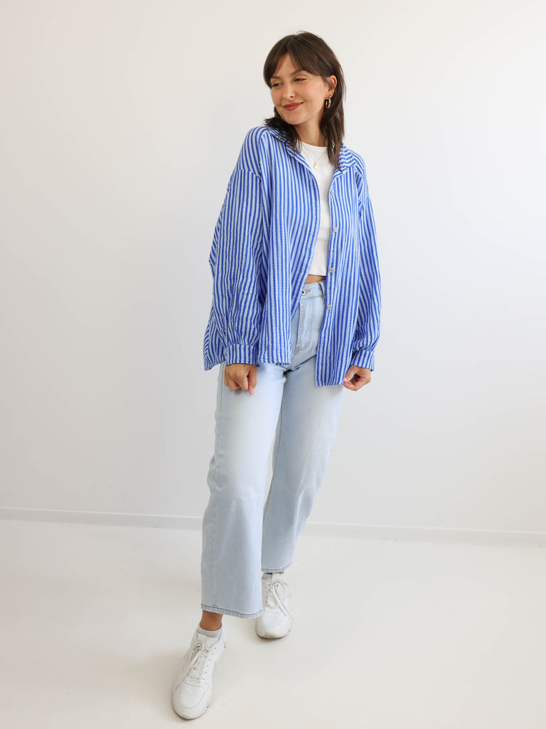 ANNA Oversize Musselin Bluse - royal / hellblau - gestreift