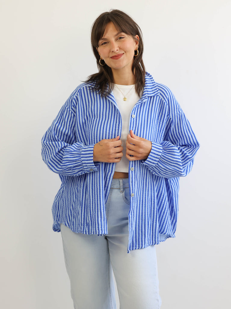 ANNA Oversize Musselin Bluse - royal / hellblau - gestreift