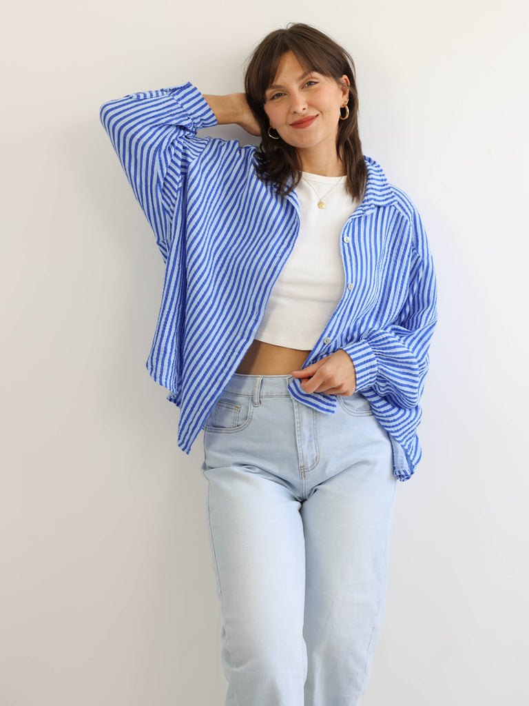 ANNA Oversize Musselin Bluse - royal / hellblau - gestreift