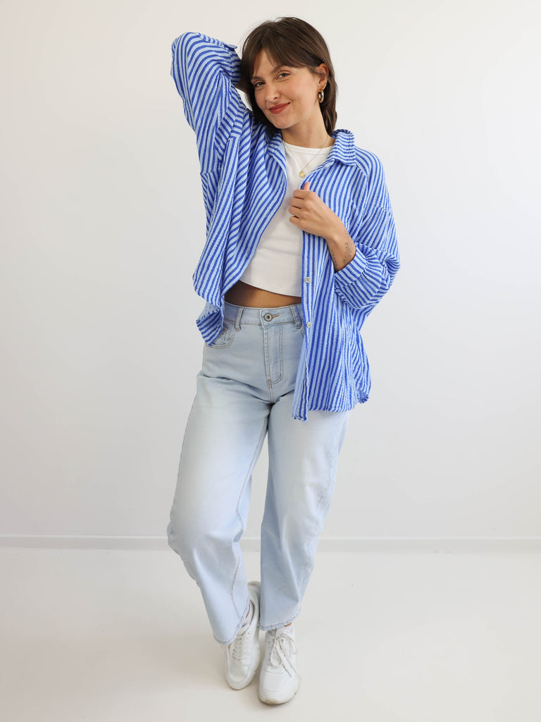 ANNA Oversize Musselin Bluse - royal / hellblau - gestreift