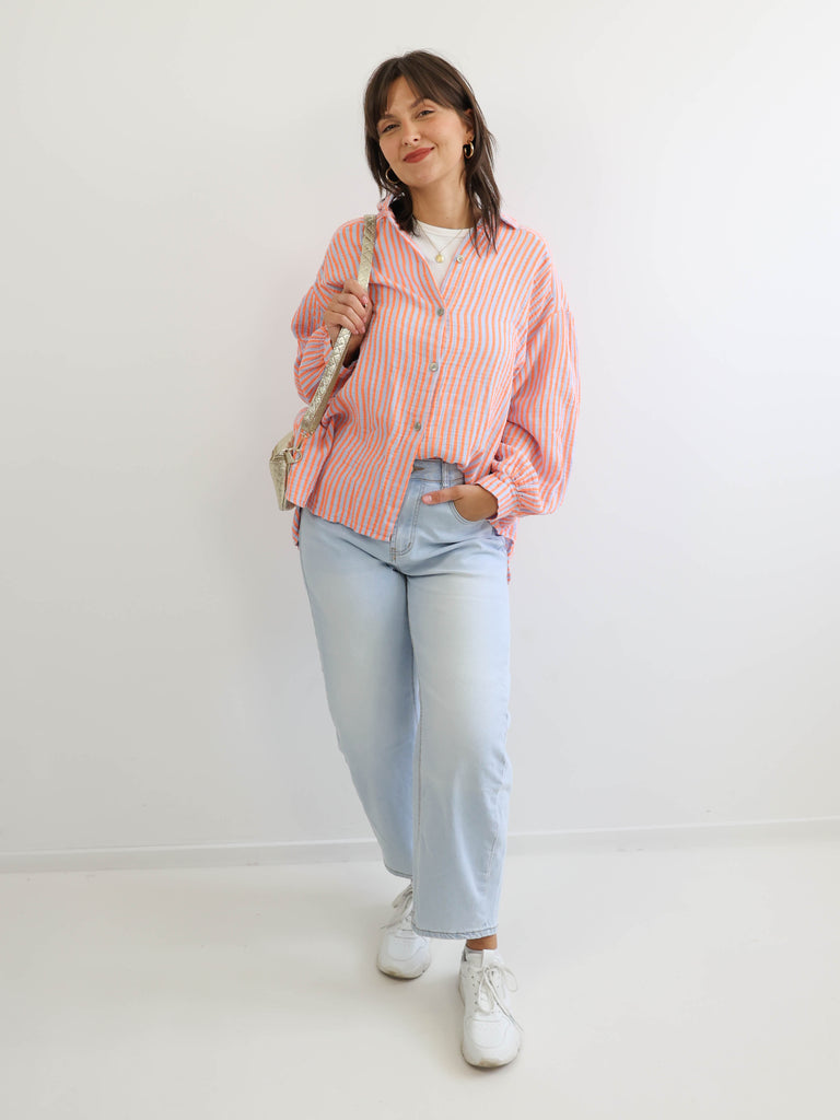 ANNA Oversize Musselin Bluse - blau / orange - gestreift