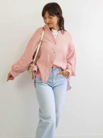 ANNA Oversize Musselin Bluse - blau / orange - gestreift