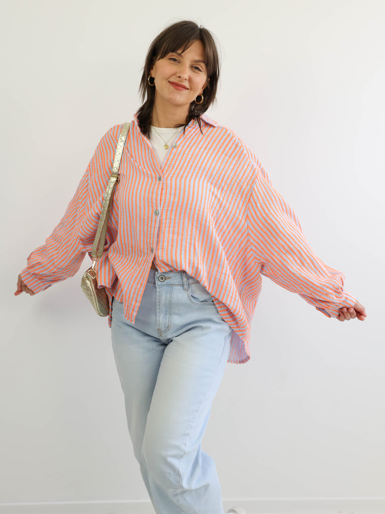 ANNA Oversize Musselin Bluse - blau / orange - gestreift
