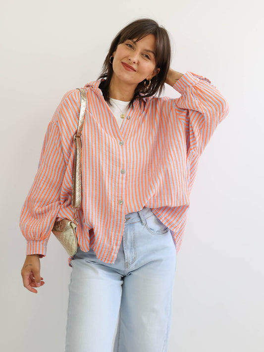 ANNA Oversize Musselin Bluse - blau / orange - gestreift