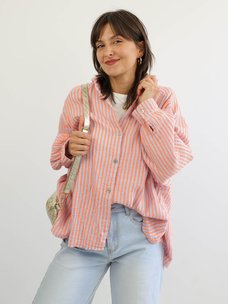 ANNA Oversize Musselin Bluse - blau / orange - gestreift
